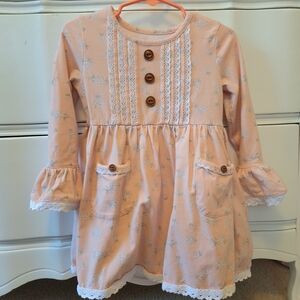 Girls' Peach Floral Lace-Trim Dress